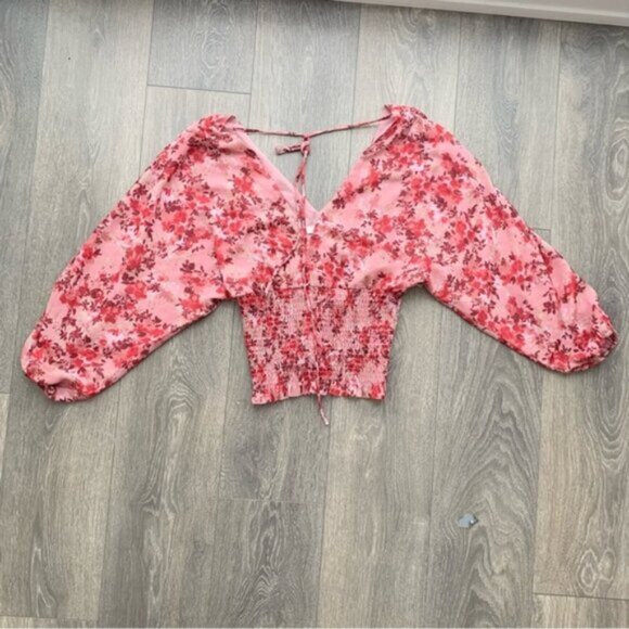 Wayf Women's Blouse Floral Print Smocked Waist Top Pink Red V-neck Boho chic S - Picture 3 of 13